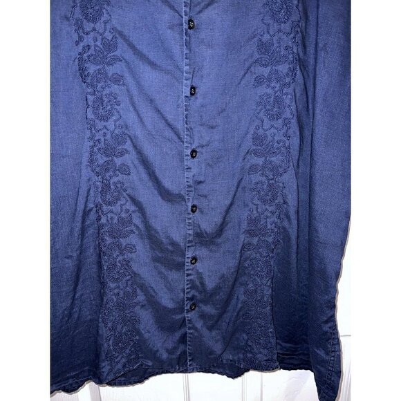 MERONA Navy Linen Button Down Short Sleeve Shirt Embroidered Sz XXL - Picture 3 of 8